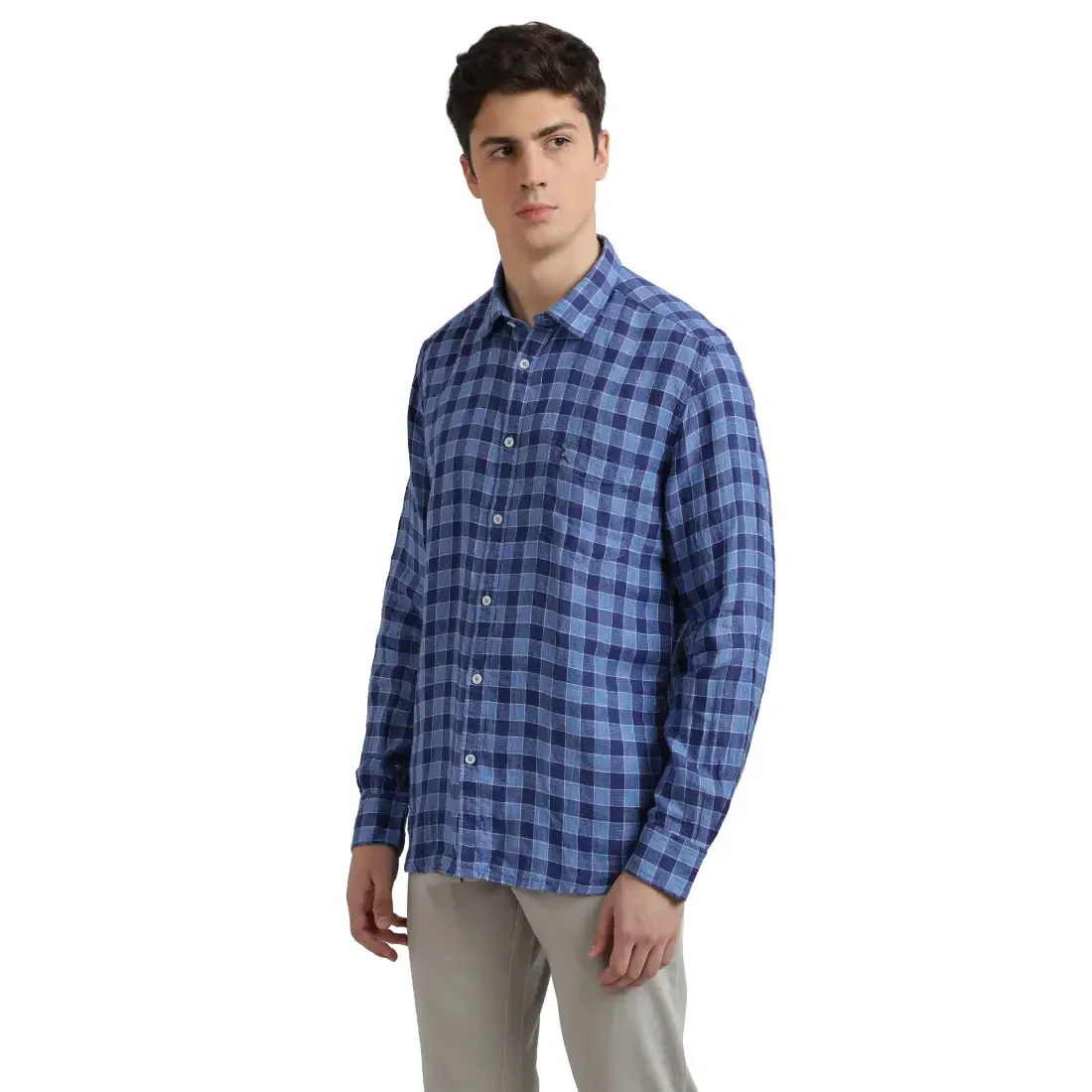 Parx Men Blue Slim Fit Checks Linen Full Sleeve Cutaway Collar Shirts - Image 3