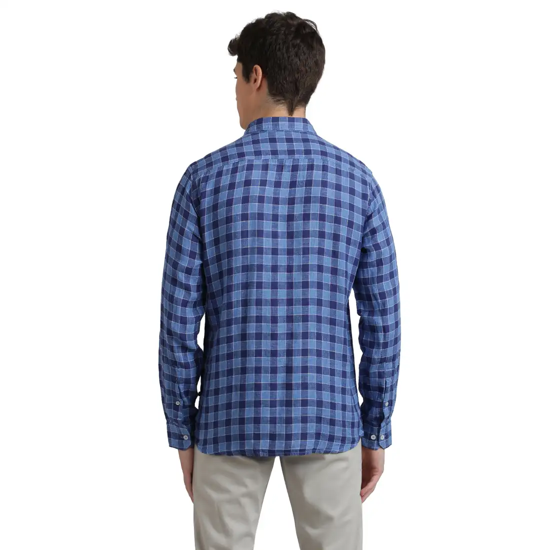 Parx Men Blue Slim Fit Checks Linen Full Sleeve Cutaway Collar Shirts - Image 4