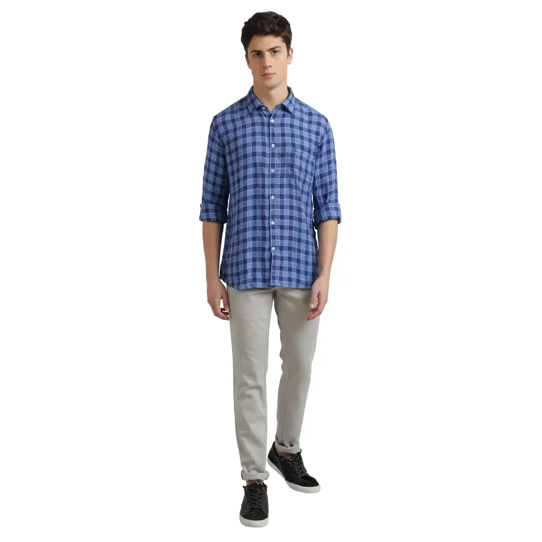 Parx Men Blue Slim Fit Checks Linen Full Sleeve Cutaway Collar Shirts - Image 5