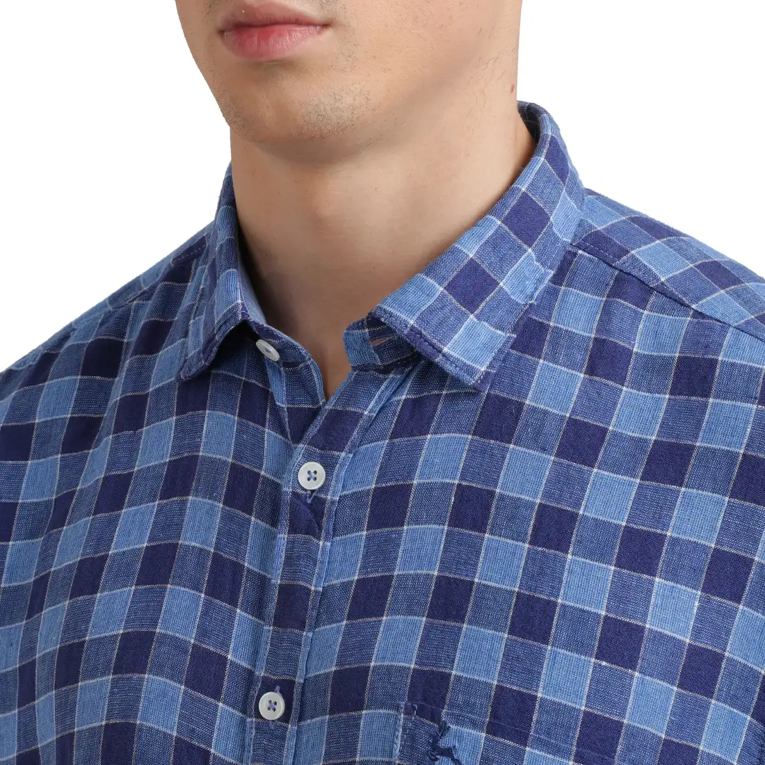 Parx Men Blue Slim Fit Checks Linen Full Sleeve Cutaway Collar Shirts - Image 6