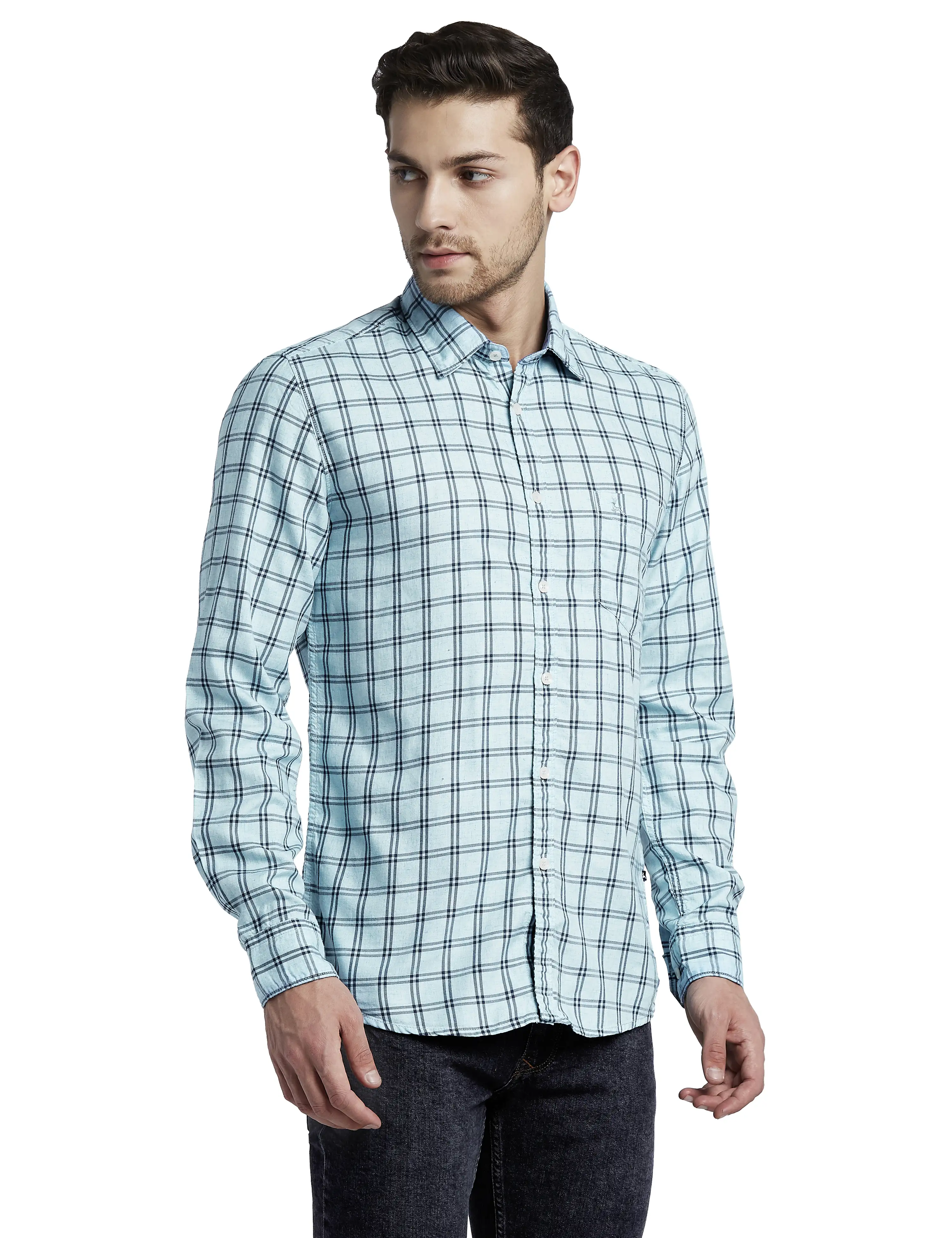 Parx Men Blue Slim Fit Checks Lyocell Blend Full Sleeve Cutaway Collar Shirts - Image 2