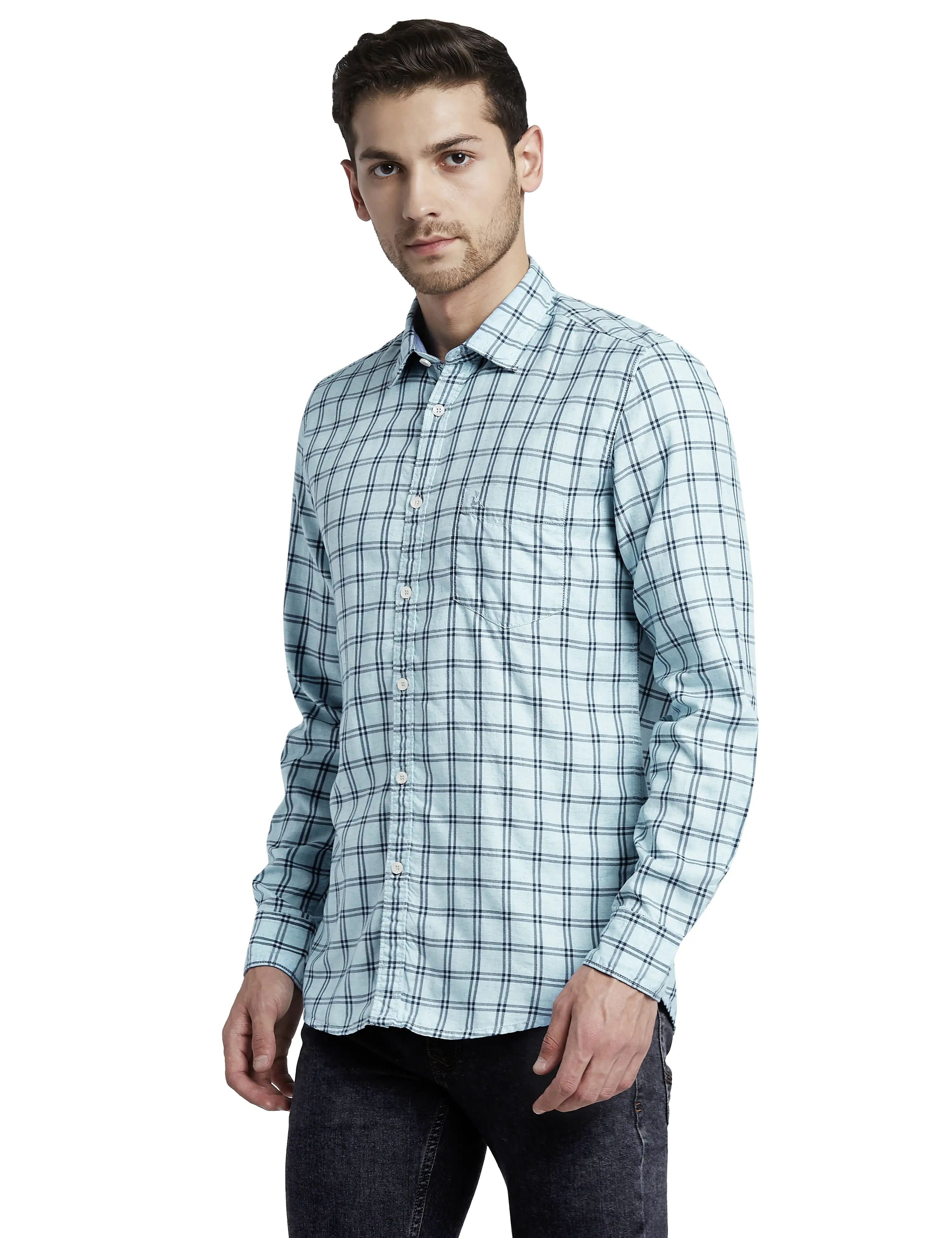 Parx Men Blue Slim Fit Checks Lyocell Blend Full Sleeve Cutaway Collar Shirts - Image 3