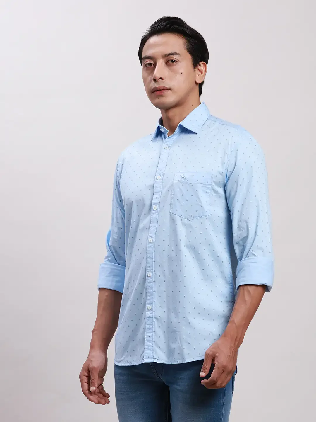 Parx Men Blue Slim Fit Printed Cotton Full Sleeve Cut Away Shirt - Image 3