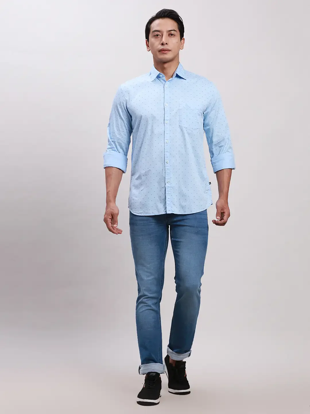 Parx Men Blue Slim Fit Printed Cotton Full Sleeve Cut Away Shirt - Image 5