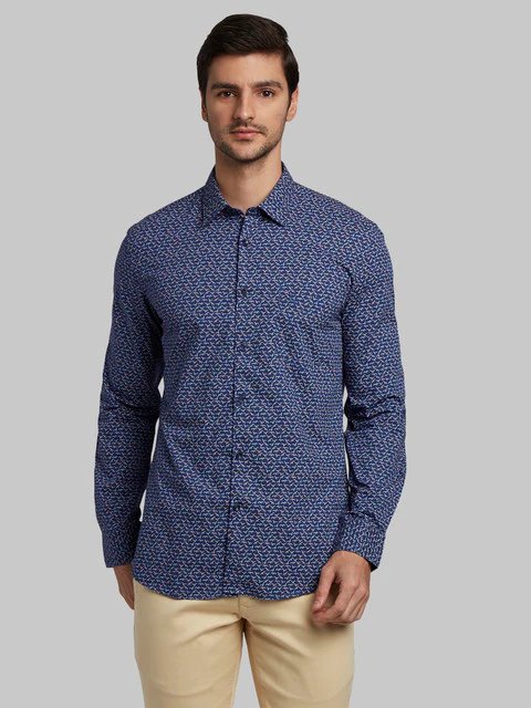 Parx Men Blue Slim Fit Printed Full Sleeve Cutaway Collar Shirt