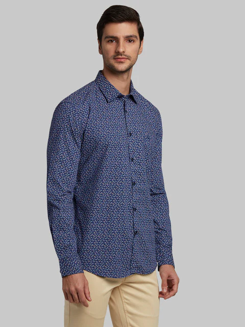 Parx Men Blue Slim Fit Printed Full Sleeve Cutaway Collar Shirt - Image 2