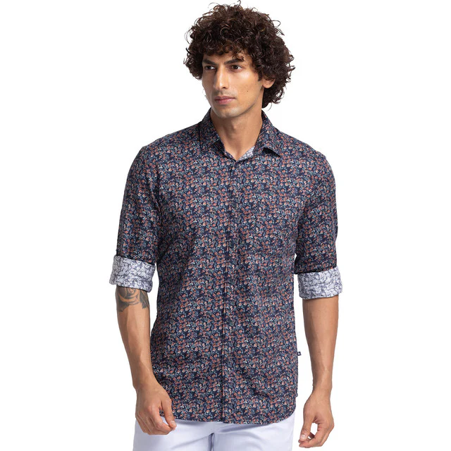 Parx Men Blue Slim Fit Printed Full Sleeve Cutaway Collar Shirt