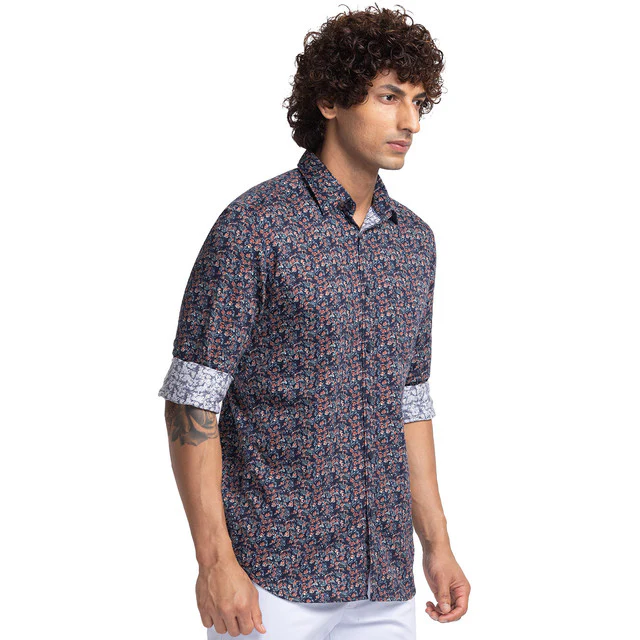 Parx Men Blue Slim Fit Printed Full Sleeve Cutaway Collar Shirt - Image 2