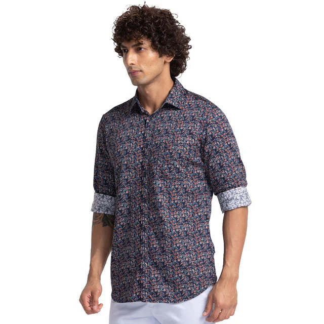 Parx Men Blue Slim Fit Printed Full Sleeve Cutaway Collar Shirt - Image 3