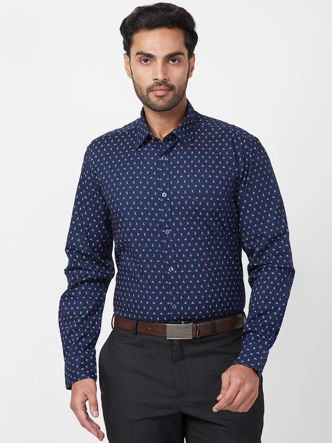 Parx Men Blue Slim Fit Printed Full Sleeve Cutaway Collar Shirt