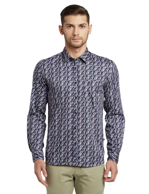 Parx Men Blue Slim Fit Printed Full Sleeve Cutaway Collar Shirt