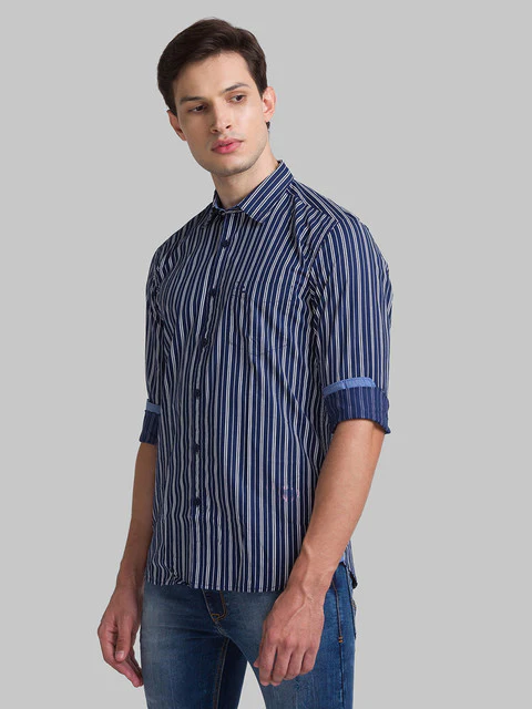 Parx Men Blue Slim Fit Printed Full Sleeve Cutaway Collar Shirt - Image 3