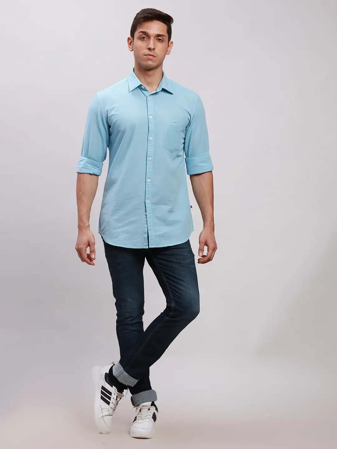 Parx Men Blue Slim Fit Solid Cotton Full Sleeve Cutaway Collar Shirts - Image 5