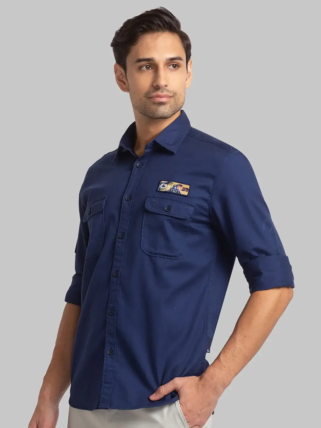 Parx Men Blue Slim Fit Solid Cotton Full Sleeve Cutaway Collar Shirts - Image 3