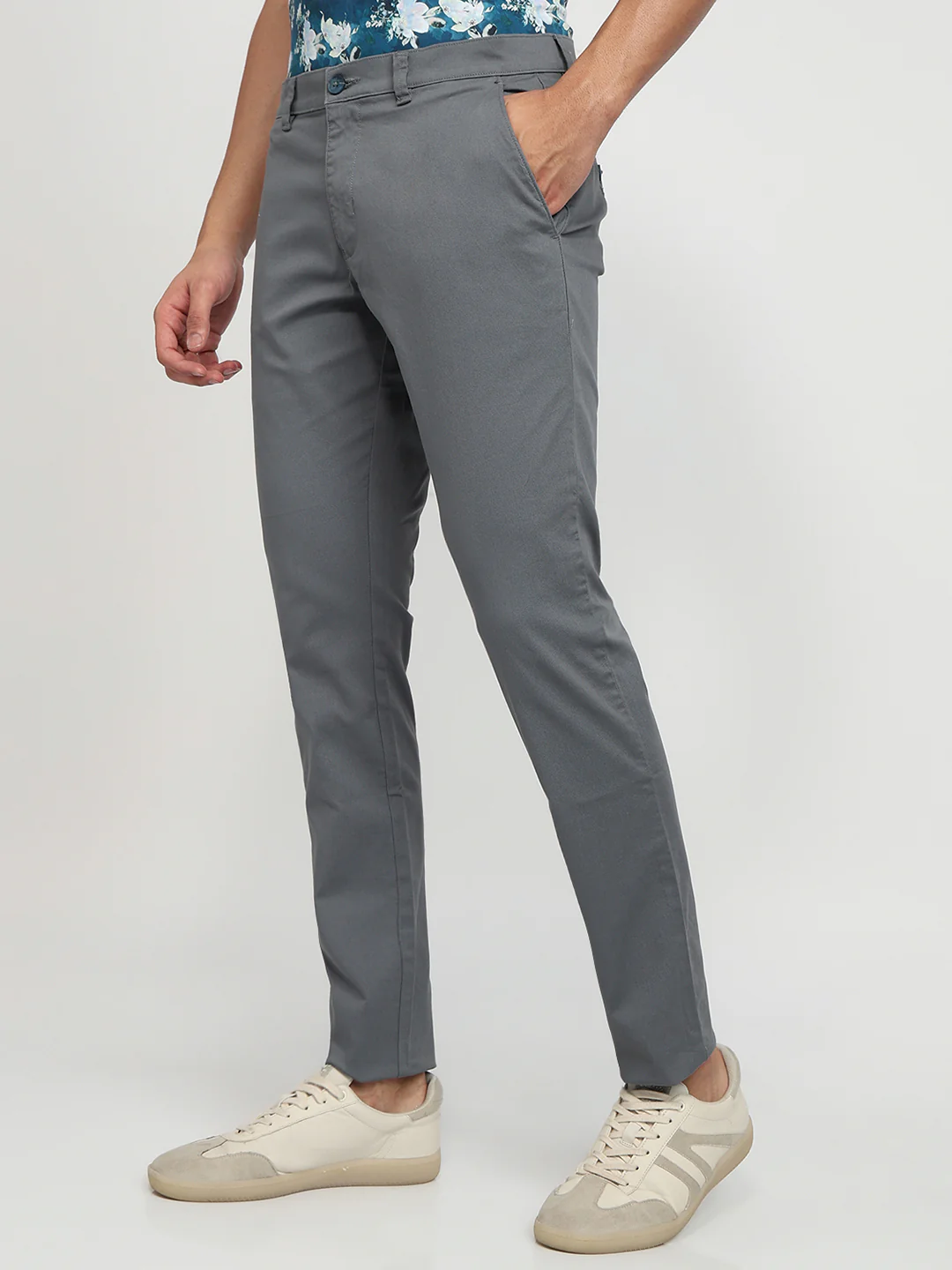 Parx Men Blue Solid-Dobby Low Rise Tapered Fit Cotton Blend Trouser - Image 2