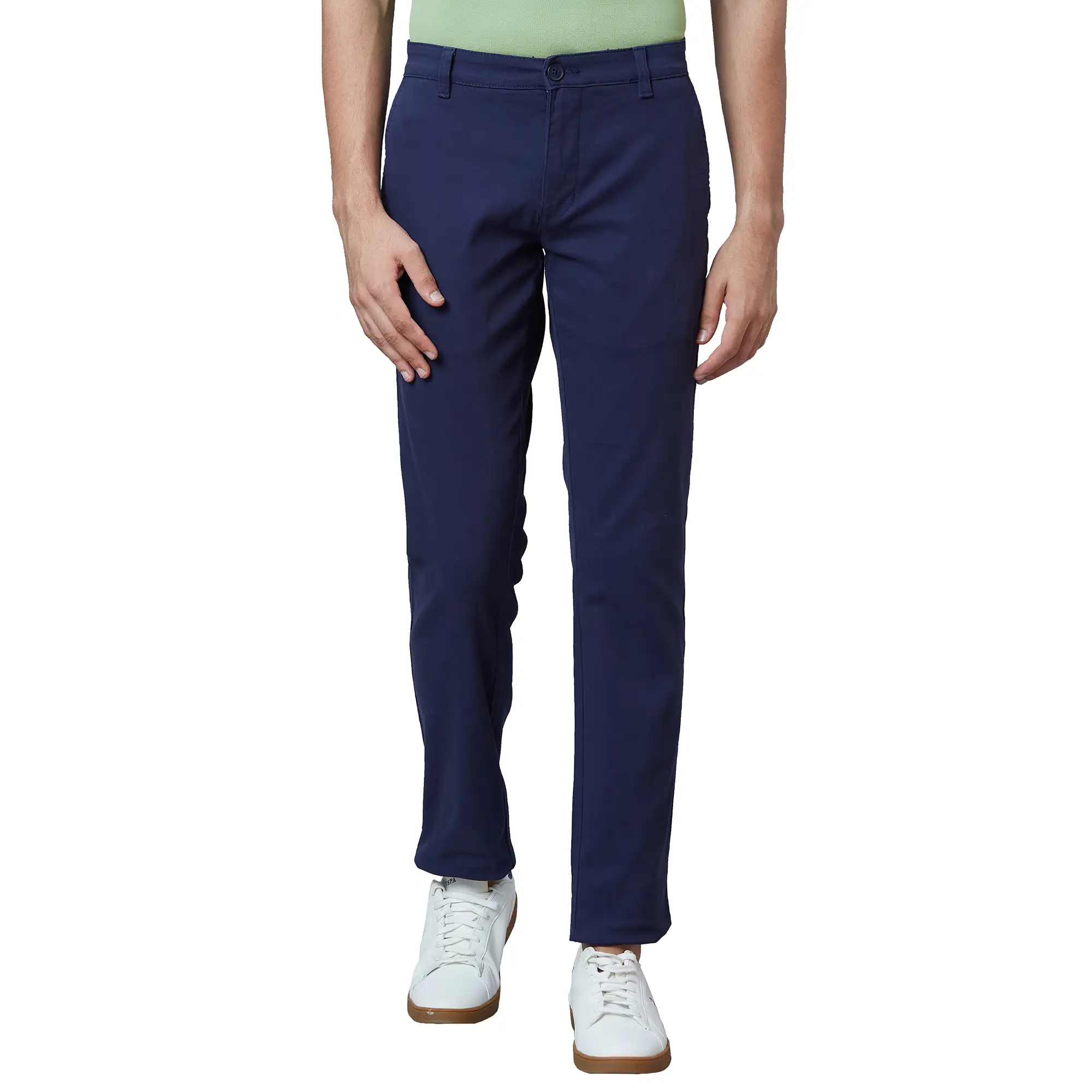 Parx Men Blue Solid Low Rise Tapered Fit Cotton Blend Trouser