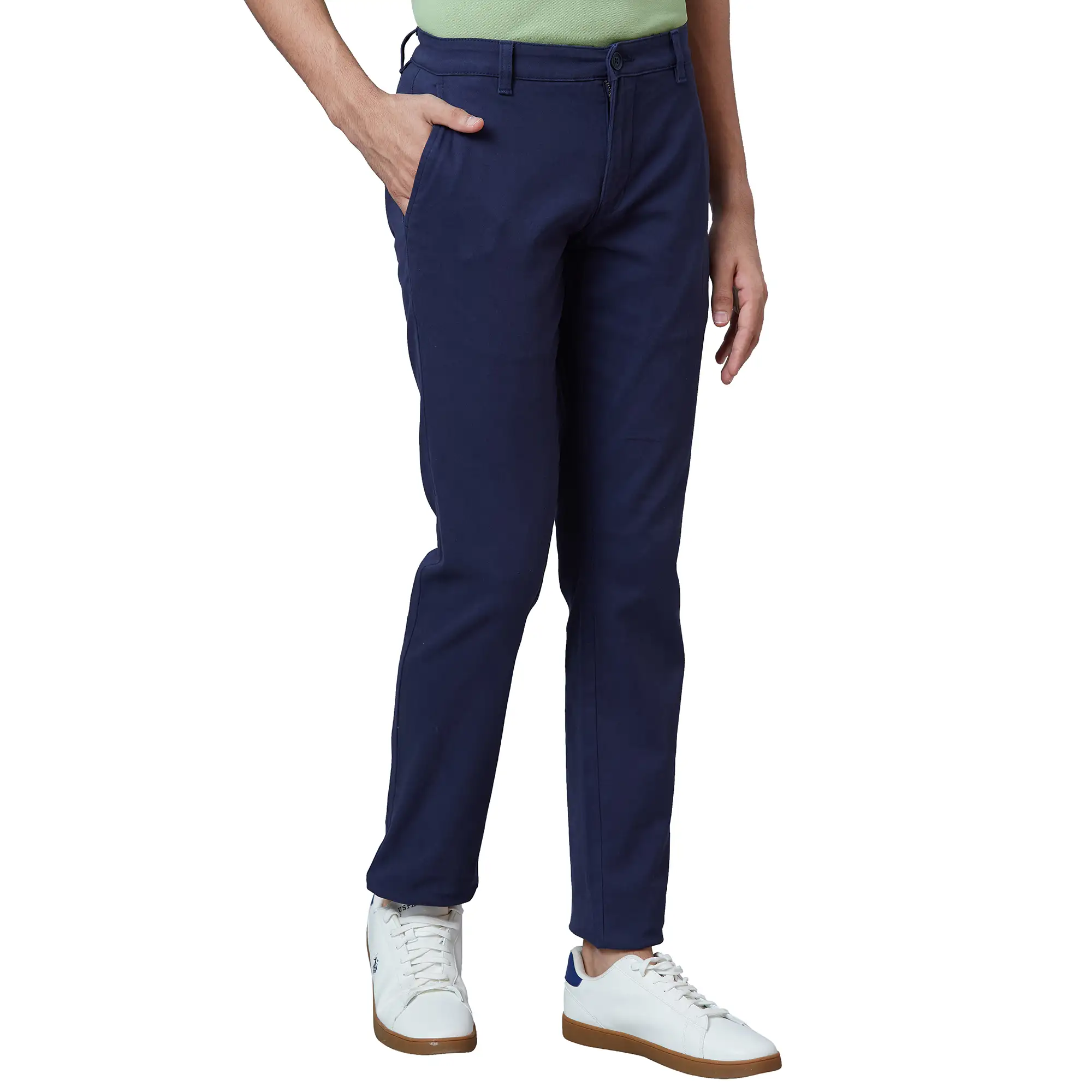 Parx Men Blue Solid Low Rise Tapered Fit Cotton Blend Trouser - Image 2