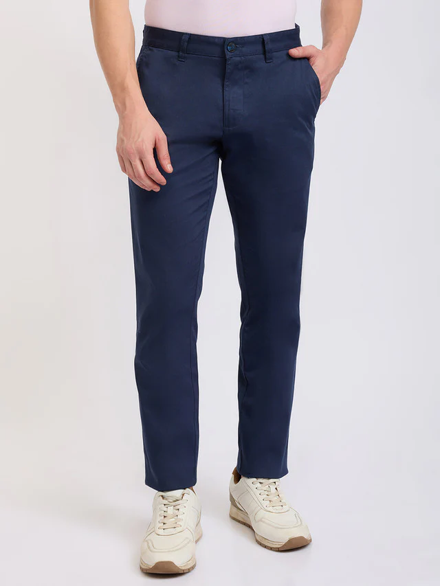 Parx Men Blue Solid Low Rise Tapered Fit Cotton Blend Trouser