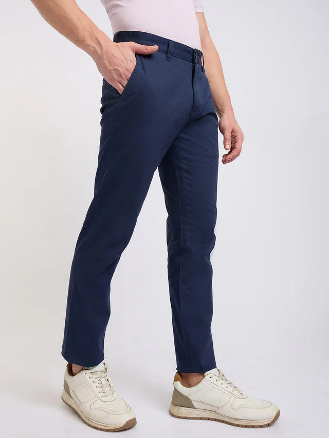 Parx Men Blue Solid Low Rise Tapered Fit Cotton Blend Trouser - Image 5