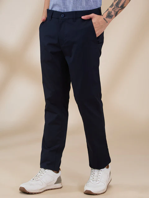 Parx Men Blue Solid Low Rise Tapered Fit Cotton Blend Trouser - Image 3
