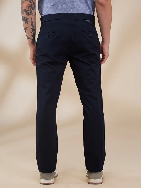 Parx Men Blue Solid Low Rise Tapered Fit Cotton Blend Trouser - Image 4