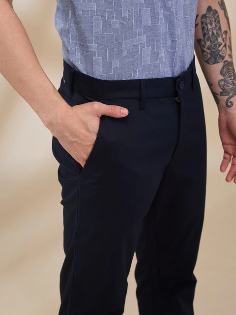 Parx Men Blue Solid Low Rise Tapered Fit Cotton Blend Trouser - Image 6