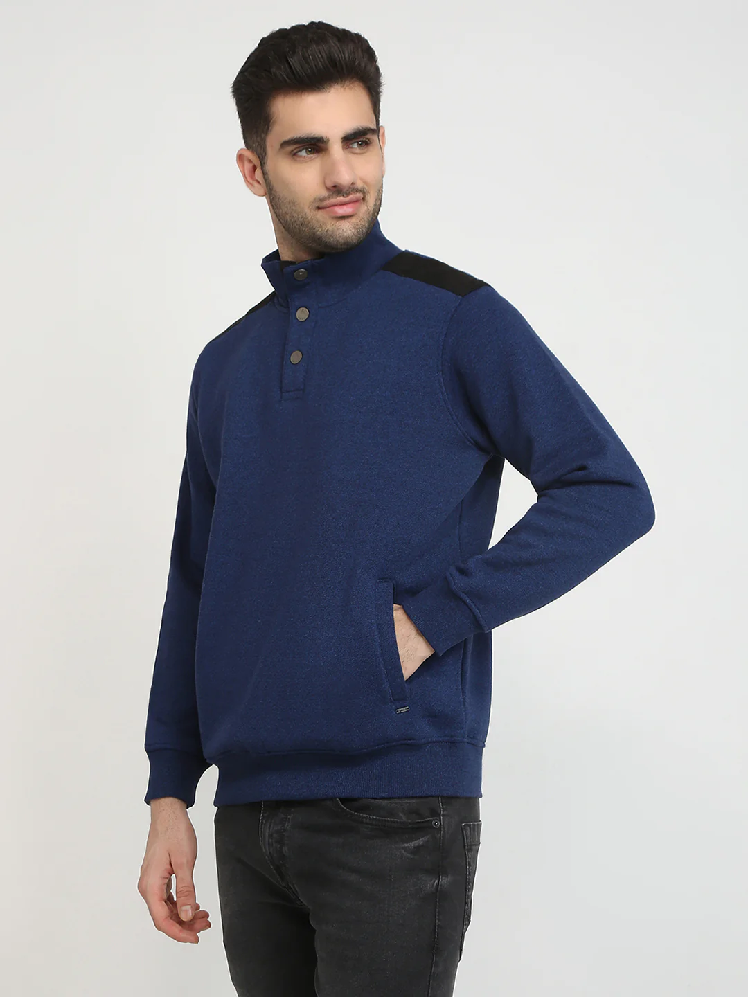 Parx Men Blue Solid Regular Fit Cotton Blend Full Sleeve High Neck Collar Sweatshirt - Image 2