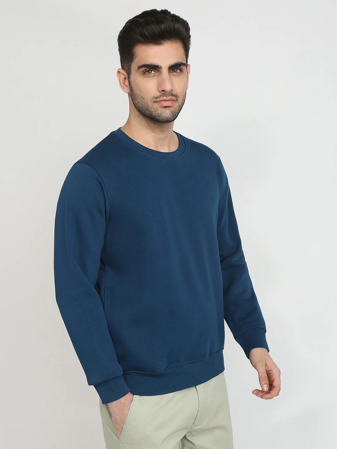 Parx Men Blue Solid Regular Fit Cotton Blend Full Sleeve Round Neck Collar Sweatshirt - Image 3