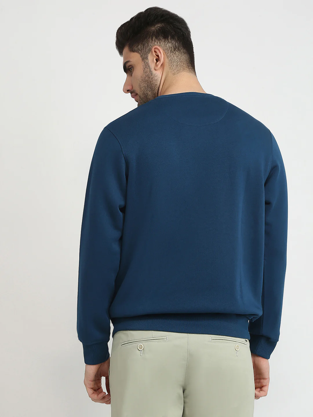 Parx Men Blue Solid Regular Fit Cotton Blend Full Sleeve Round Neck Collar Sweatshirt - Image 4