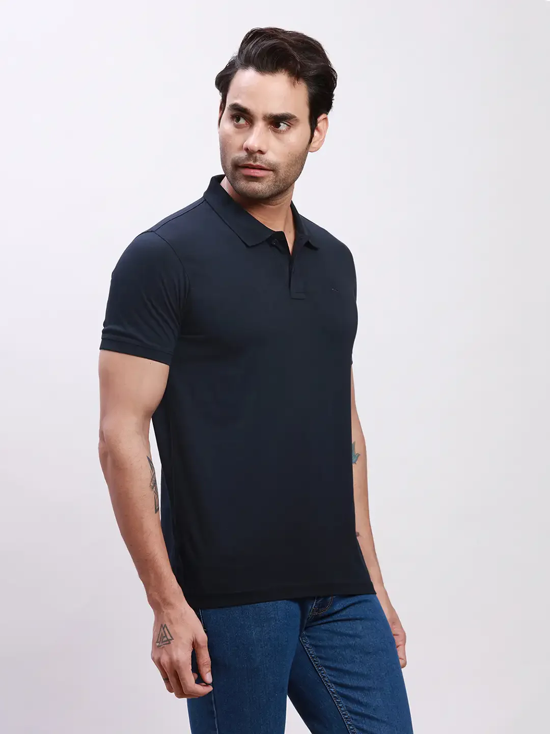 Parx Men Blue Solid Regular Fit Cotton Half Sleeve T-Shirt - Image 2