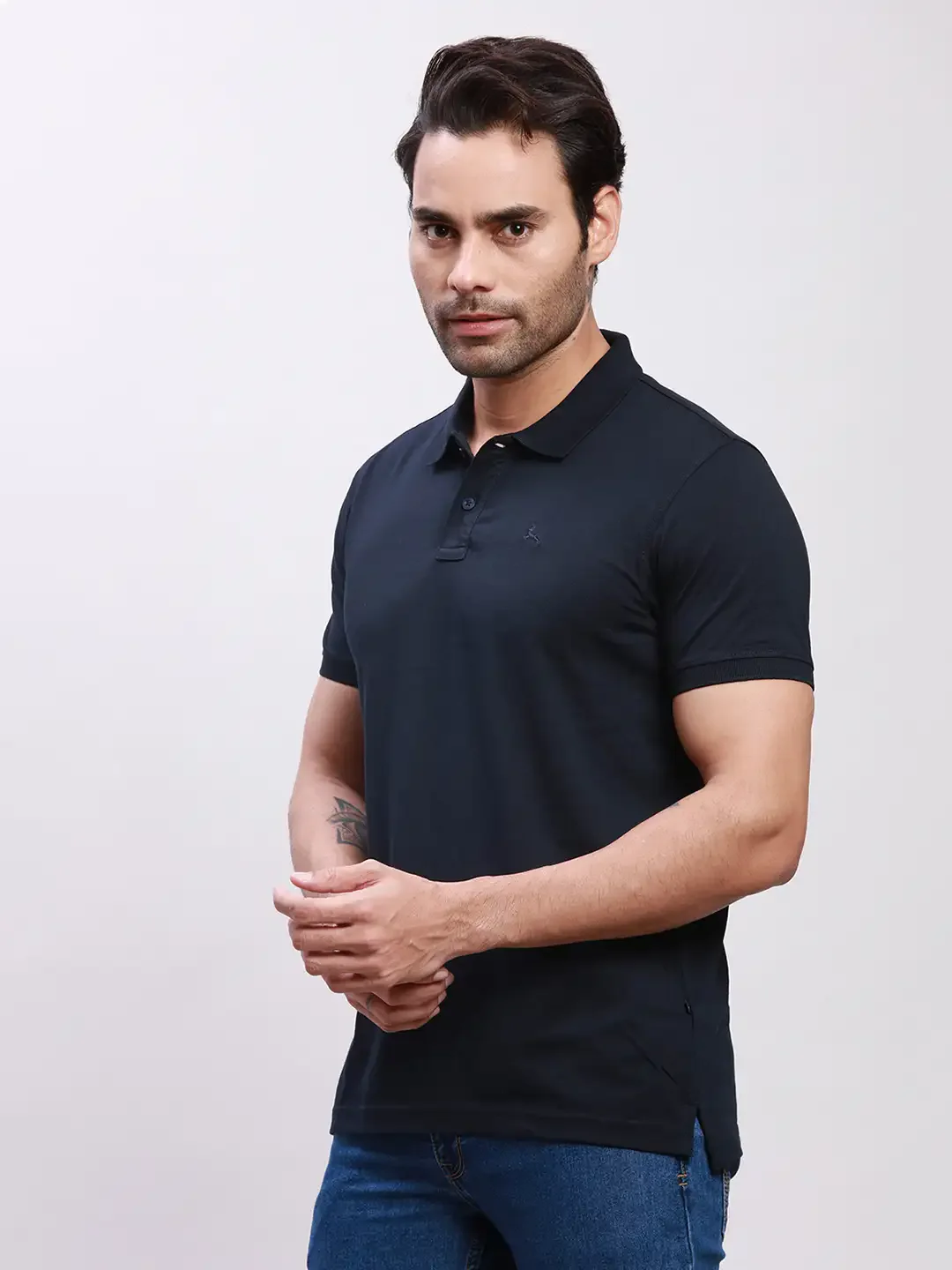 Parx Men Blue Solid Regular Fit Cotton Half Sleeve T-Shirt - Image 3