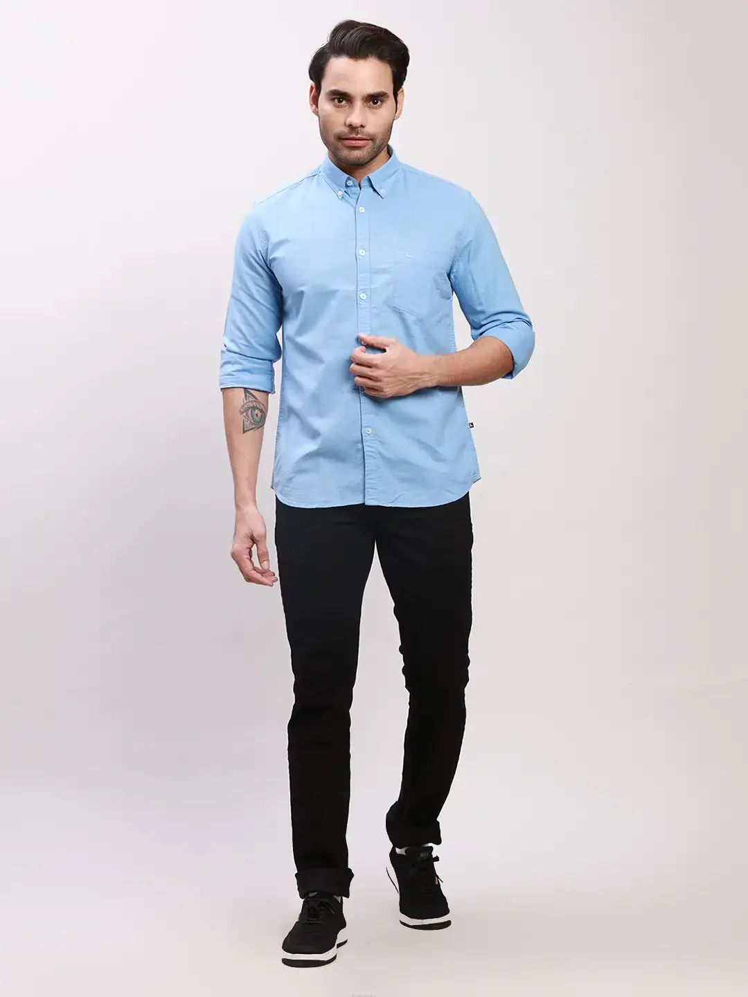 Parx Men Blue Solid Slim Fit Cotton Full Sleeve Shirts - Image 5