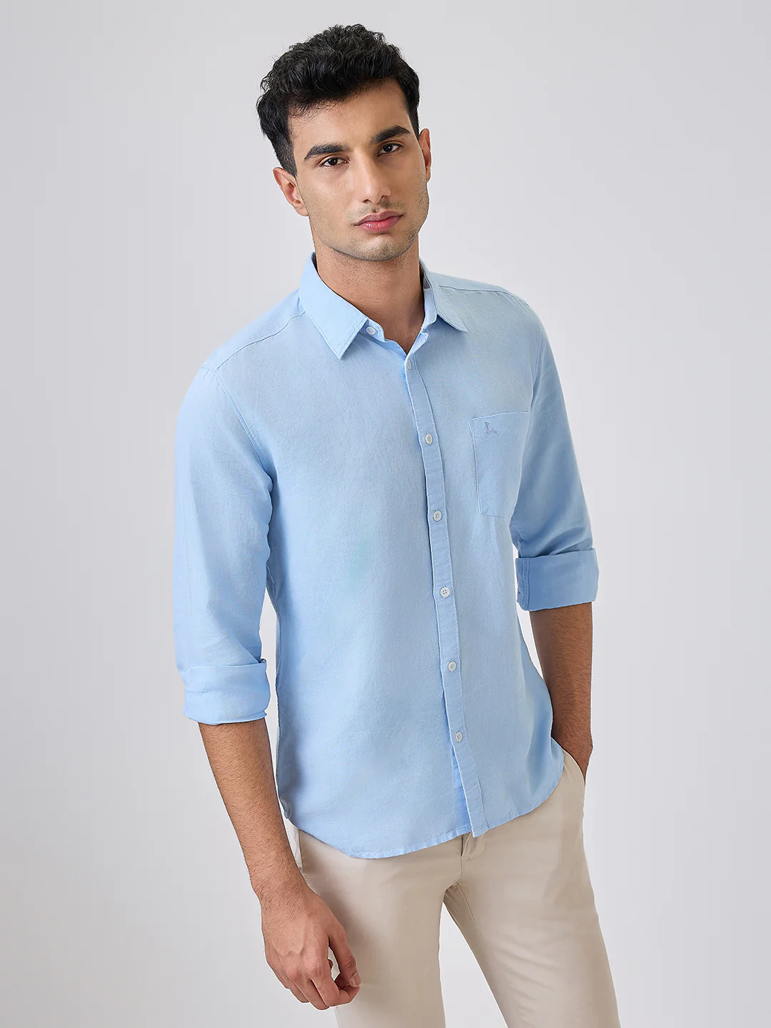 Parx Men Blue Solid Slim Fit Linen Blend Shirt - Image 3