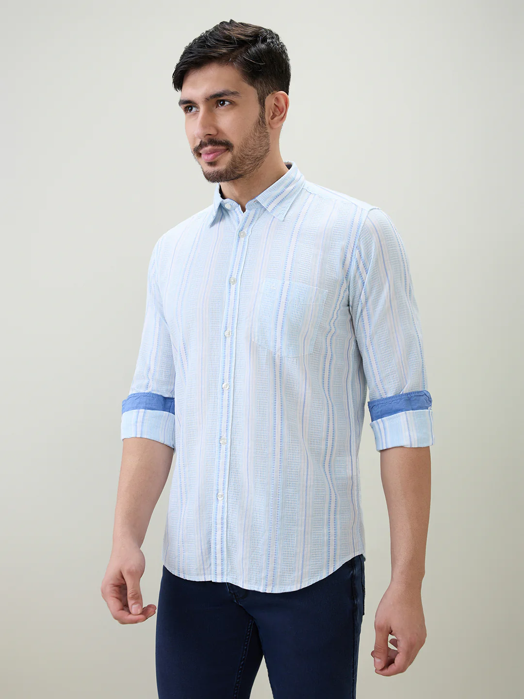 Parx Men Blue Stripe Slim Fit Cotton Casual Shirt - Image 2