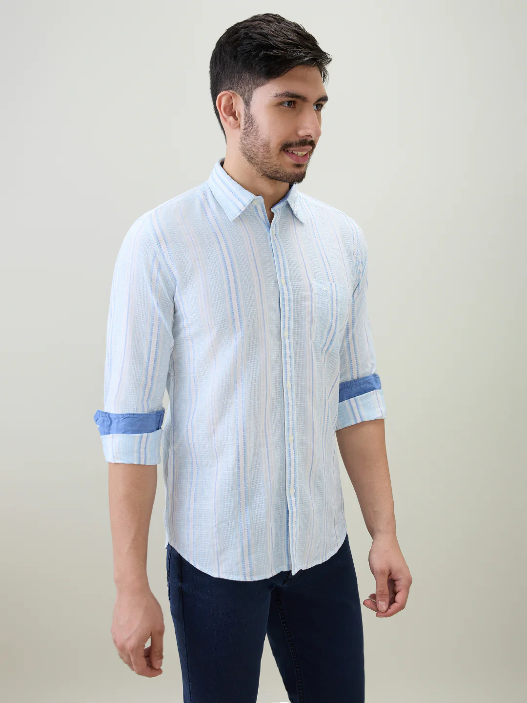 Parx Men Blue Stripe Slim Fit Cotton Casual Shirt - Image 3
