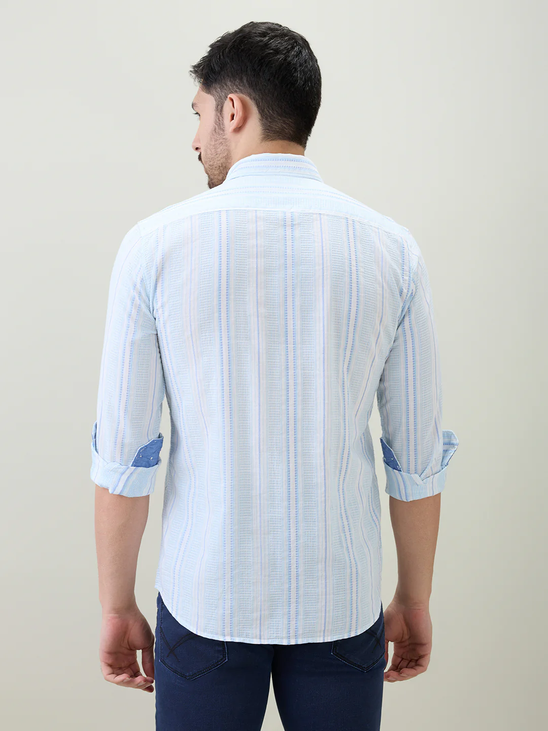 Parx Men Blue Stripe Slim Fit Cotton Casual Shirt - Image 4