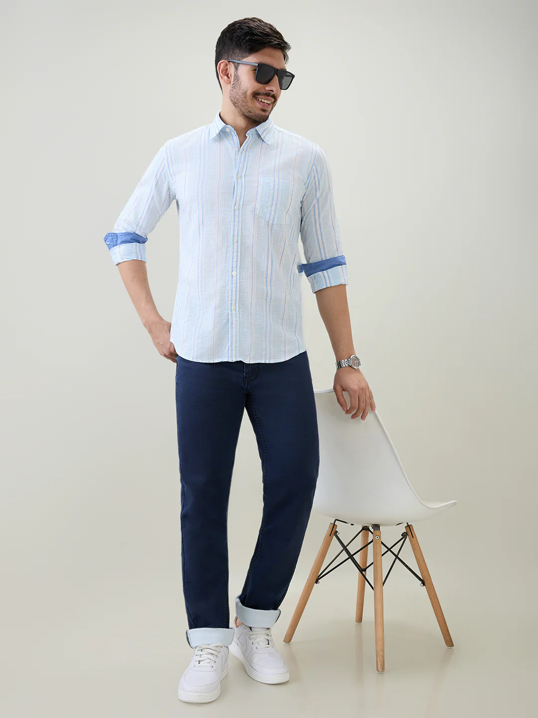 Parx Men Blue Stripe Slim Fit Cotton Casual Shirt - Image 6