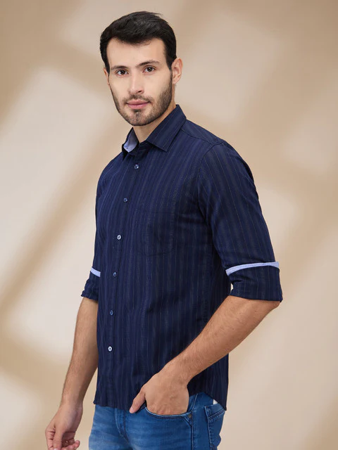 Parx Men Blue Slim Fit Stripe Casual Shirt - Image 3
