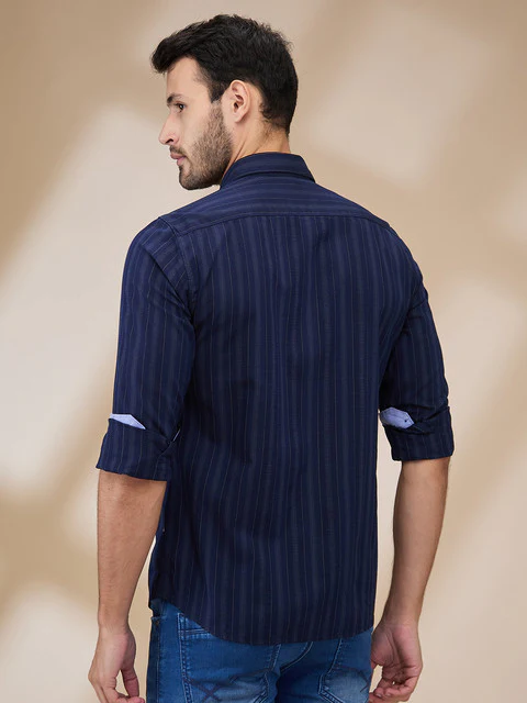 Parx Men Blue Slim Fit Stripe Casual Shirt - Image 4