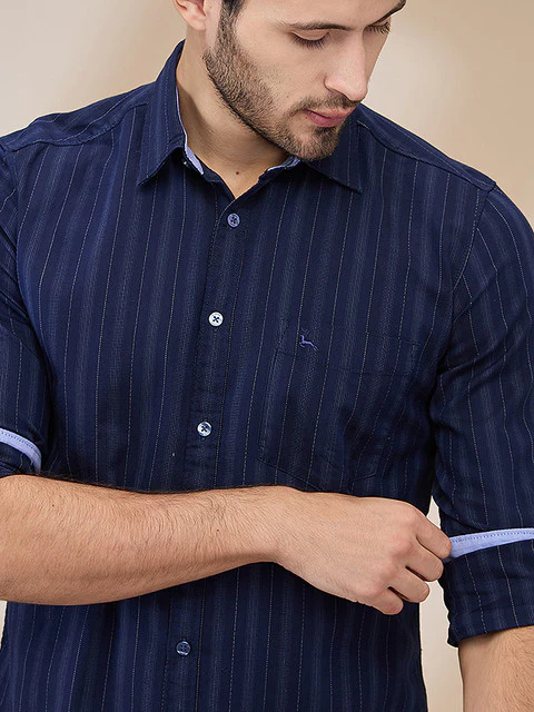 Parx Men Blue Slim Fit Stripe Casual Shirt - Image 5