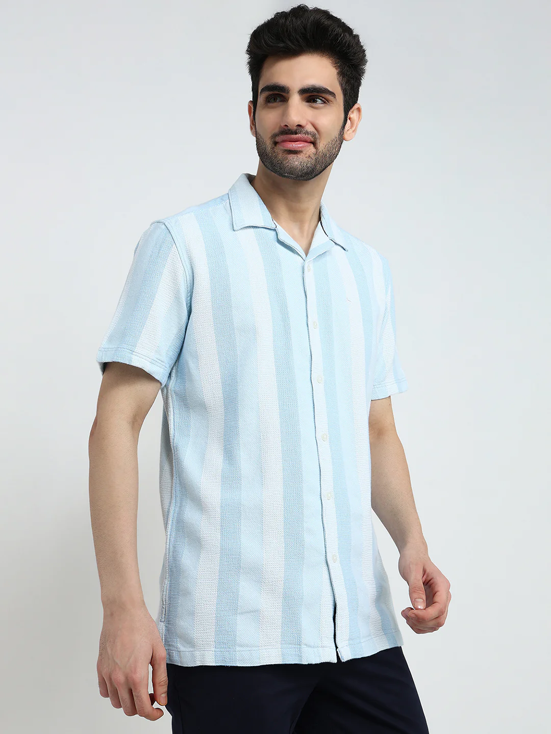 Parx Men Blue Stripe Slim Fit Cotton Half Sleeve Casual Shirt - Image 3