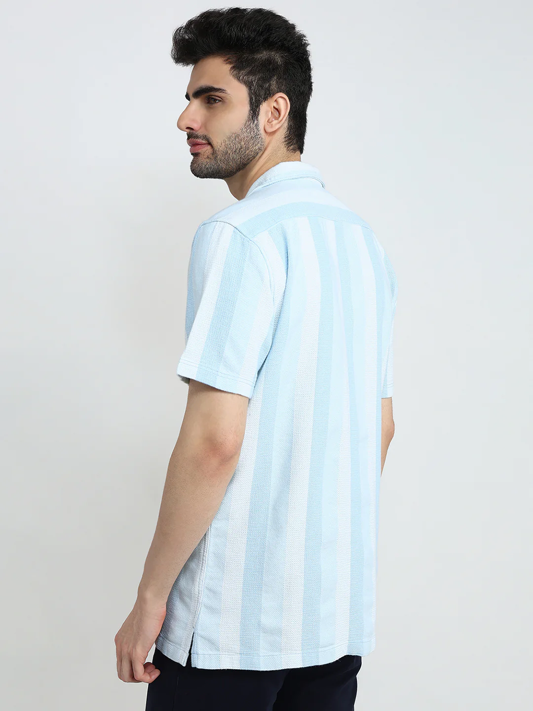 Parx Men Blue Stripe Slim Fit Cotton Half Sleeve Casual Shirt - Image 4