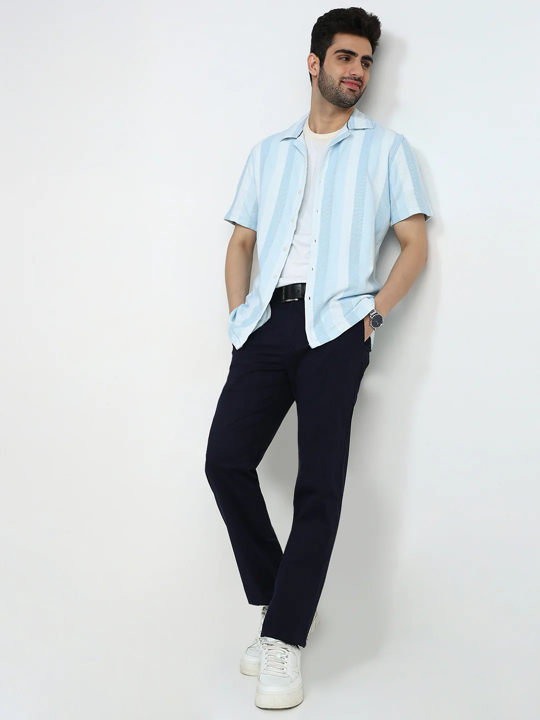 Parx Men Blue Stripe Slim Fit Cotton Half Sleeve Casual Shirt - Image 5