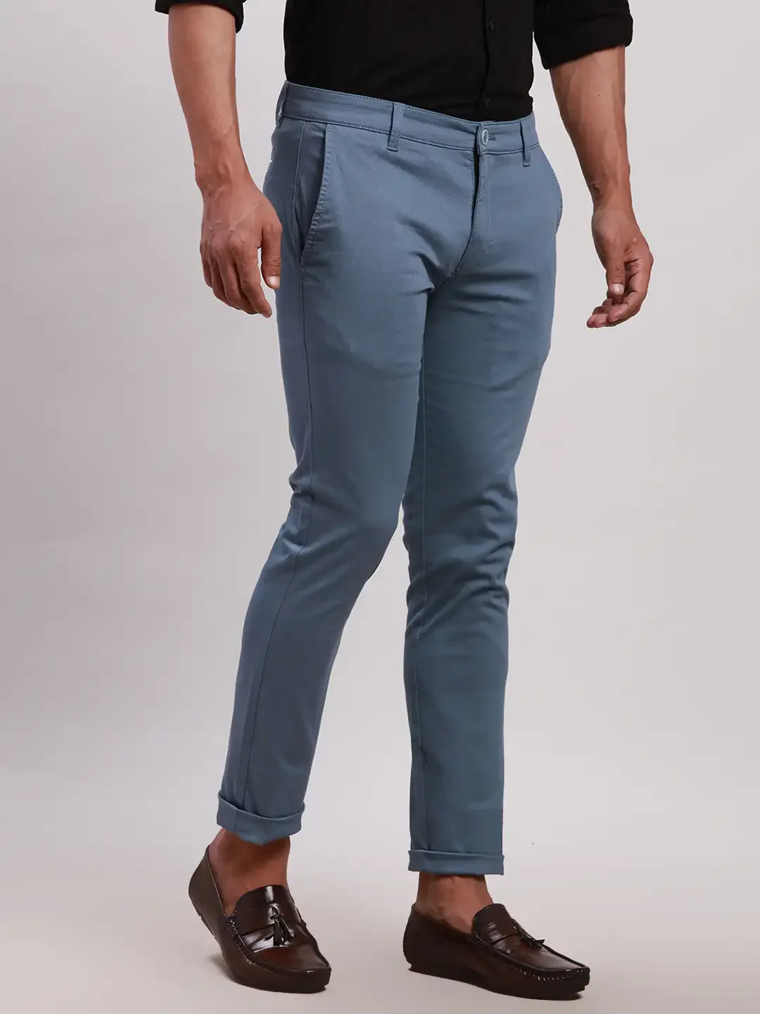 Parx Men Blue Super Slim Fit Solid Cotton Spandex Trouser - Image 2