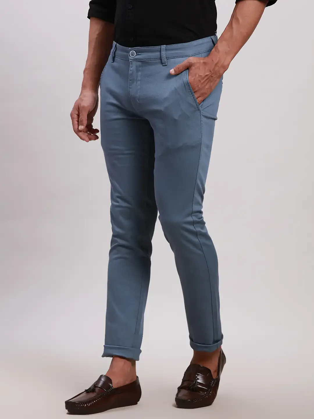 Parx Men Blue Super Slim Fit Solid Cotton Spandex Trouser - Image 3