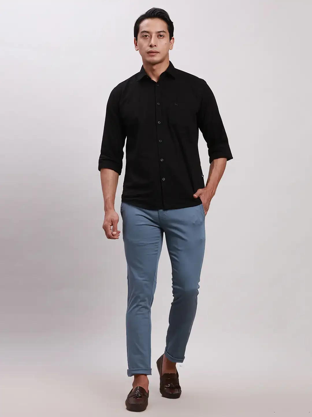 Parx Men Blue Super Slim Fit Solid Cotton Spandex Trouser - Image 5