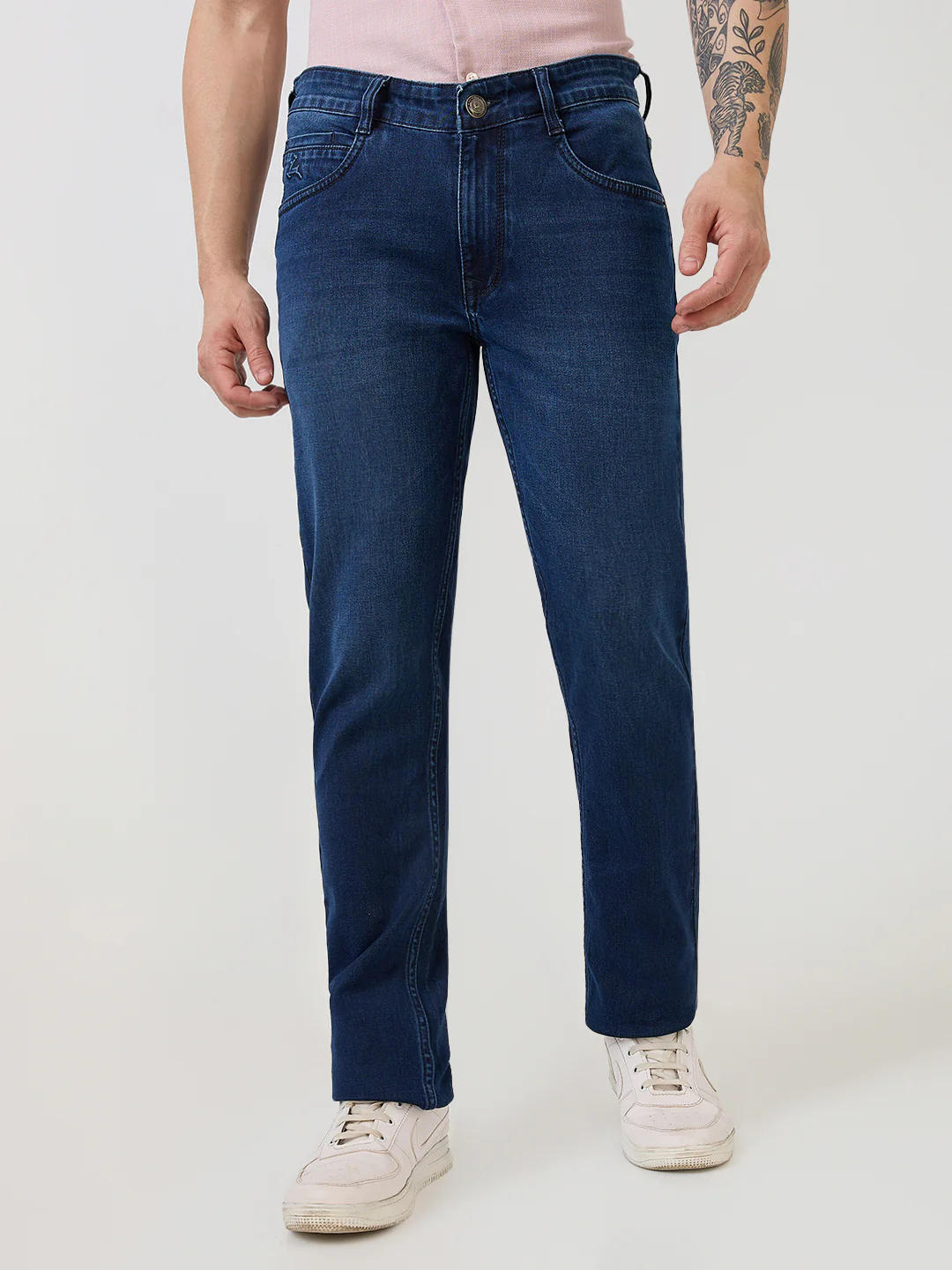 Parx Men Blue Twill Low Rise Tapered Fit Cotton Blend Jeans