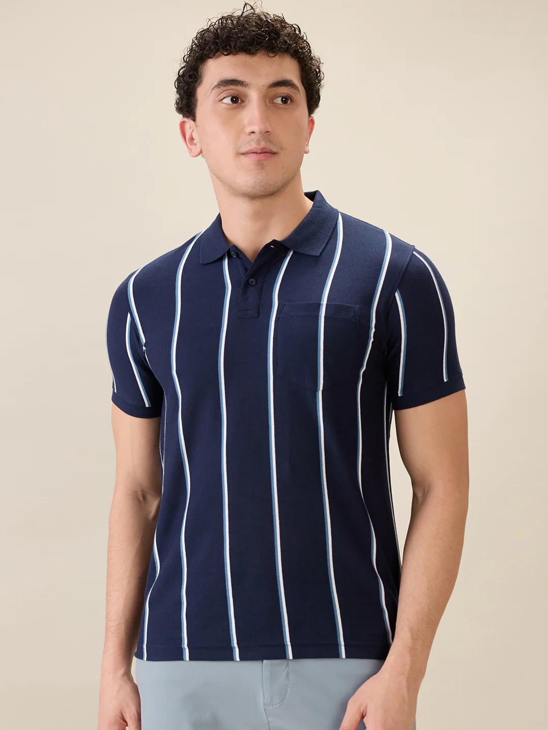 Parx Men Blue Yarn Dyed Regular Fit Cotton Blend Half Sleeve T-Shirt