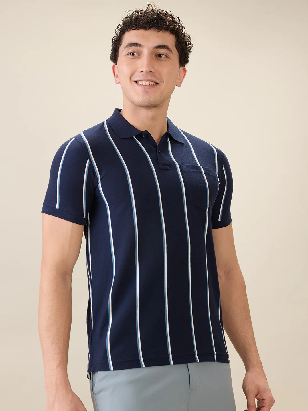 Parx Men Blue Yarn Dyed Regular Fit Cotton Blend Half Sleeve T-Shirt - Image 2