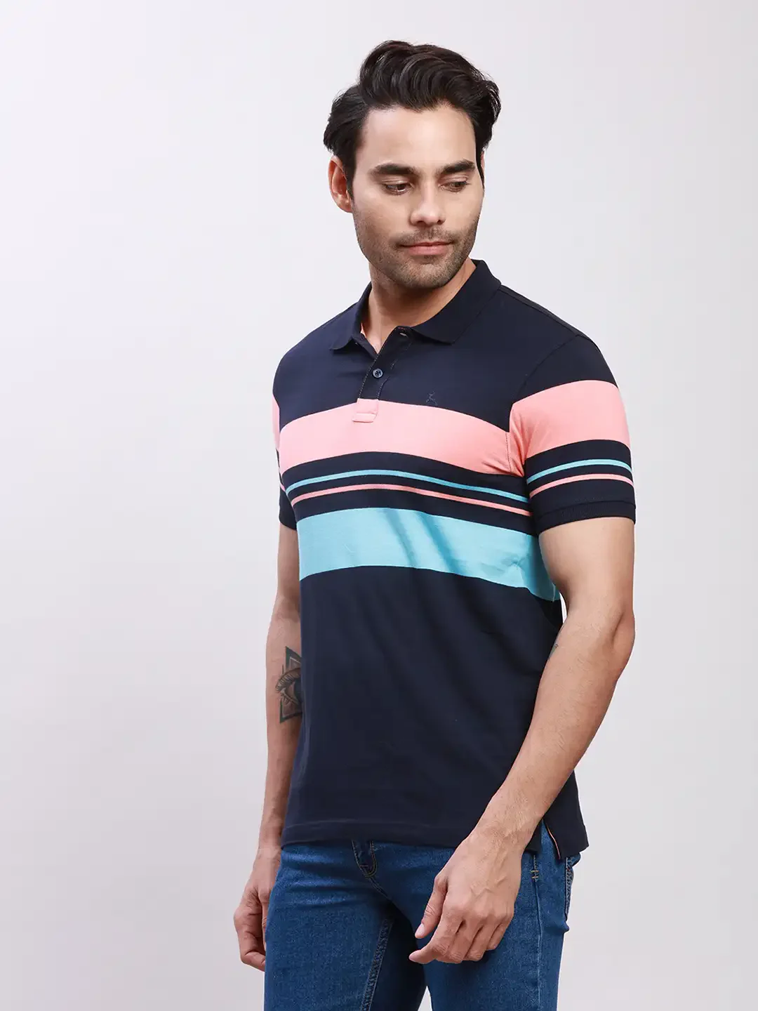 Parx Men Blue Yarn Dyed Regular Fit Cotton T-Shirt - Image 3